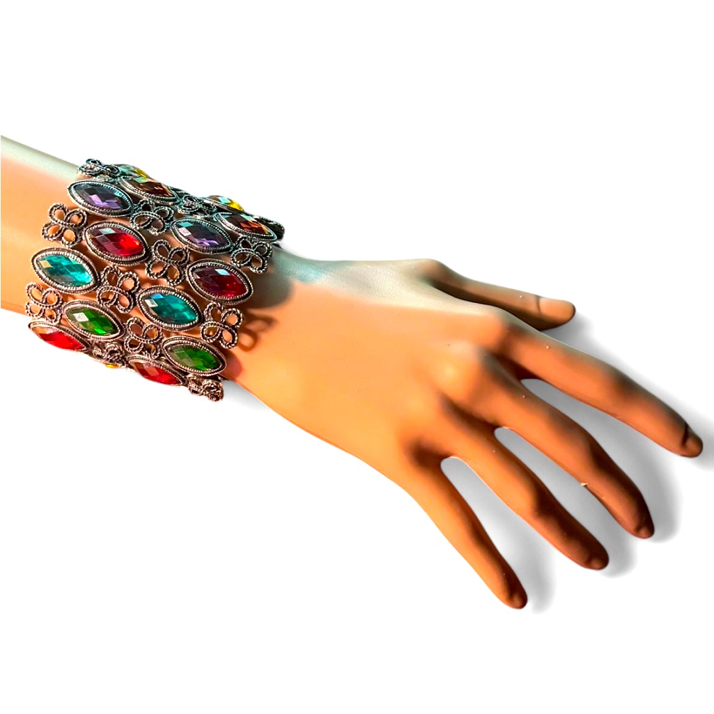 Vintage Cuff Bracelet, Silver-Tone Metal W/Multi-Colored Stones